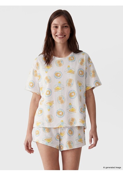 Lcw Dream Ekru Baskılı Kadın Şortlu Pijama Takımı