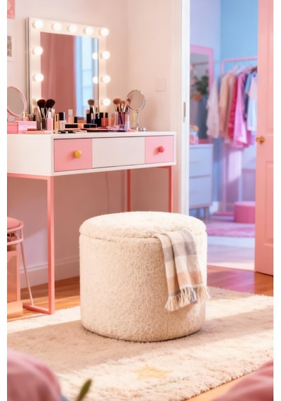 Sandıklı Peluş Puf 40x40x42 Cm Dekoratif Oturma Pufu Makyaj Masası Taburesi Çok Renkli