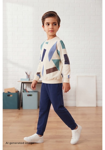 Pina Kids Erkek Çocuk Geometrik Desenli Okul Günlük Eşofman Takımı Esf7038 Lacivert
