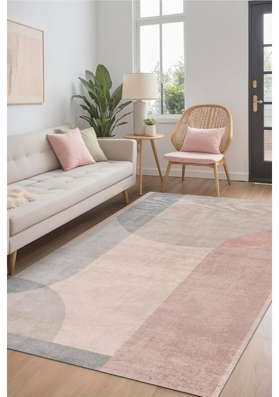 Latte Dizayn Rasta Modern Desenli Şönil Pamuk Tabanlı Yıkanabilir Kaymaz Antibakteriyel Salon Halısı 200x300 Çok Renkli