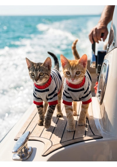 Yacht Club Marin Çizgili Kedi Tişörtü Lacivert Kırmızı Yazlık Kedi Kıyafeti