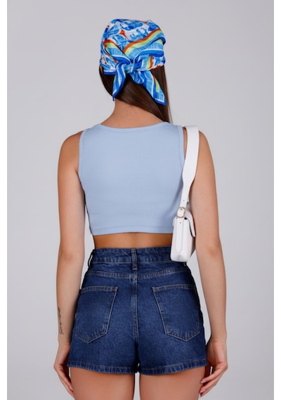 Zedefx Kadın Kalın Askılı Fitilli Bluz Mavi