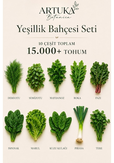 Yeşillik Bahçesi Tohum Seti 10 Çeşit 15.000+ Tohum Maydanoz, Roka, Tere, Ispanak, Marul, Dereotu, Pazı, Semizotu, Kuzu Kulağı, Pırasa