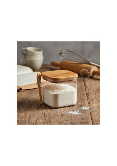 600 Ml Bambu Kapaklı Cam Kavanoz - Kaşıklı Tasarım, Vakumlu Kapak 2.8 L