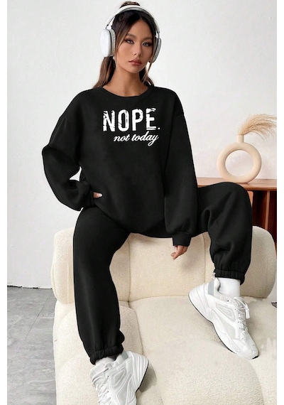 Uyguntarz Unisex Nope Baskılı Bisiklet Yaka Eşofman Takımı Siyah