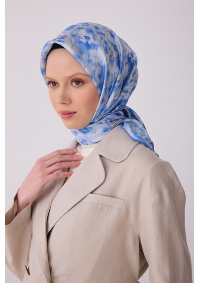 Belli Çiçek Desen İpek Twill Eşarp - 2026 İlkbahar-yaz T 4319 Mavi