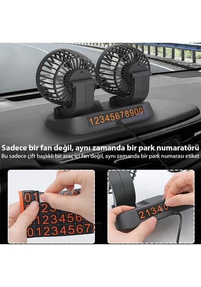 Ally F410 Usb Çift Başlıklı Araç Fanı Oto Fan Vantilatör Ve Numaratör, Siyah