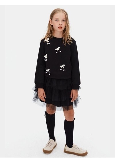 Kız Çocuk Fiyonk İşlemeli Sweatshirt-16134 Siyah