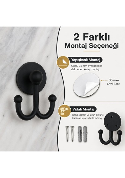 Lexroo Lotus Siyah Çiftli Lüx Bornoz Ve Havlu Askılığı, Yapışkanlı Ve Vidalı Montajlı Duvar Askısı