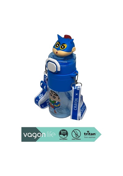 650ml Crayon Shinchan Figürlü Kapak Pipetli/pipetsiz Kullanım El Askılı Tritan Su Matarası Lacivert Çok Renkli