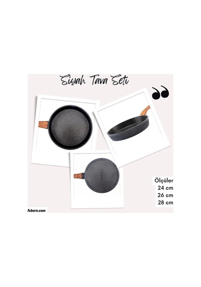 Febern Premium Bio Granit Alüminyum Döküm Nisch Tava Seti - Siyah Koyu Ahşap Kulp