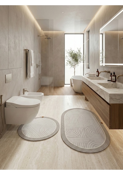 Melena Carpet Premium Kaymaz Taban Banyo Paspası Jüt Kenar Detaylı Oval Yuvarlak Set 100x60-60x60 Açık Gri