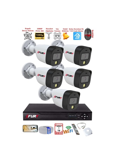 Fury 5 Kameralı 5mp Lens 2 Mp Görüntü Gece Renkli Full Hd Ultra Led Akıllı Güvenlik Kamerası Seti 1 Tb