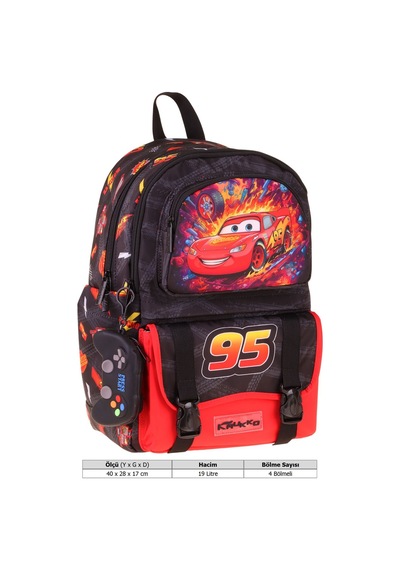 Kaukko Kids Dört Bölmeli Erkek Çocuk Yarış Arabası Baskılı Kırmızı - Siyah Okul Sırt Çantası - L5399
