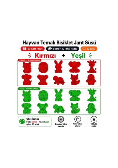 Hayvan Temalı Bisiklet Jant Süsü 20 Parça 2 Renk 10 Farklı Model Kırmızı-yeşil