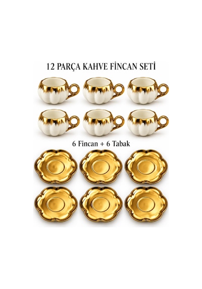Valkyrie 6 Kişilik Beyaz Gold Balkabağı Model Türk Kahvesi Fincan Takımı 12 Parça 80 Ml Çeyizlik Byz