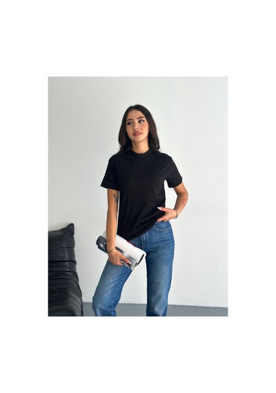 Fiolin Kadın Siyah Dik Yaka 2'li Paket %100 Pamuk Basic Örme T-shirt