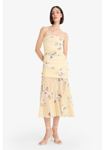 DeFacto Coool Bodycon Vücudu Saran Straplez Çiçek Desenli Tül Maxi Elbise F5577AX25SMYL272