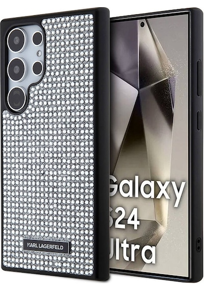 Galaxy S24 Ultra Uyumlu Kılıf Taşlı Metal Logo Lisanslı Kapak Gümüş