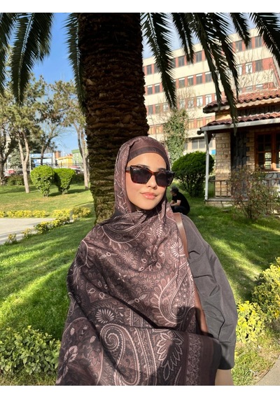Modakaşmir Aminenesil Etnik Desen Soft Pamuk Şal Kahverengi Renk Acı Kahverengi