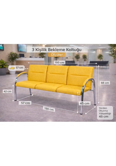Ofis Üçlü Misafir Bekleme Koltuğu Büro Sandalyesi Büro Koltuğu Sarı