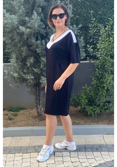 Mia Butik Büyük Beden Lina V Yaka Elbise Siyah