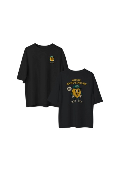 Qmen Style Unisex Siyah Oversize Baskılı T-shirt Limon %100 Pamuk