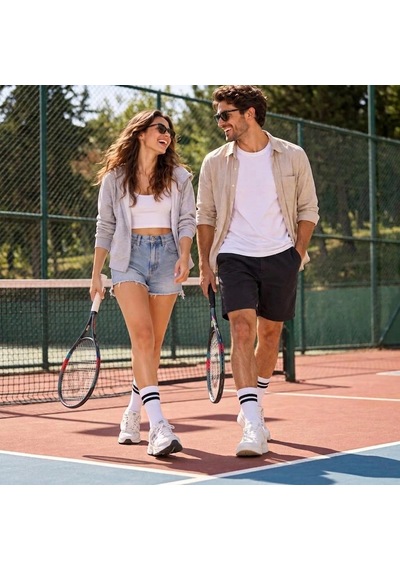 Biçomi Kaymayan, Nefes Alan Çift Çizgili Kolej Stil Unisex Pamuklu Uzun Soket Çorap 12 Li Avantaj Paketi Beyaz