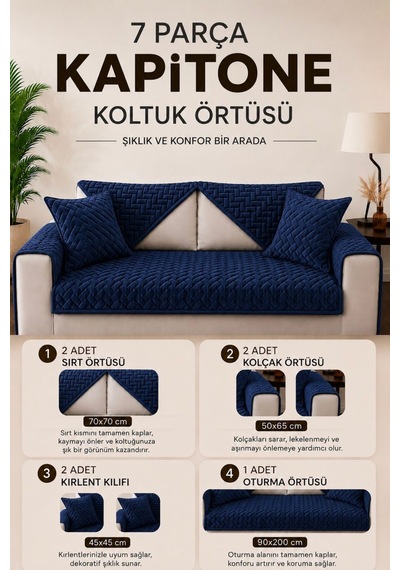 7 Parça Kaymaz Taban Kapitone Koltuk Örtüsü Takımı Çekyat Kanepe Seti Lacivert Lacivert