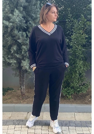 Mia Butik Büyük Beden Siyah V Yaka Eşortman Takım Siyah