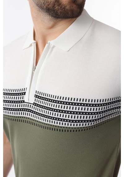 Madmext Beyaz Fermuarlı Polo Yaka Desenli Erkek T-shirt E7296 Beyaz