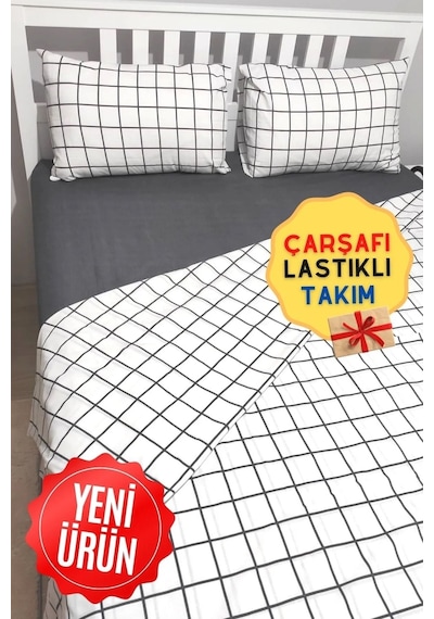 Lionas Karo Siyah Pamuklu Nevresim Takımı 120x200 Yataklar İçin Beyaz