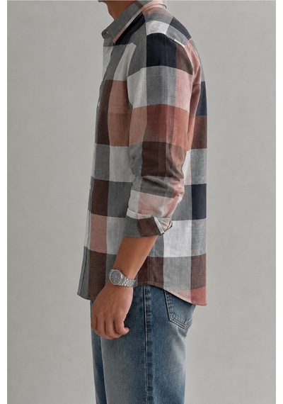 Erkek Ekose Desenli Oxford Regular Fit Uzun Kollu Gömlek Gri