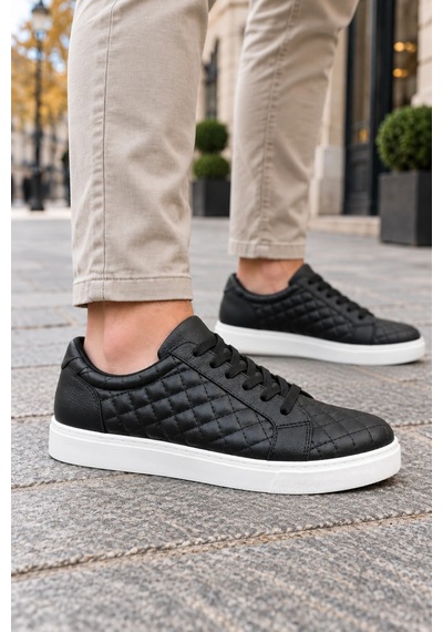 Mevese Egitserp Bağcıklı Cilt Kapitone Desenli Erkek Günlük Sneaker Ayakkabı - Siyah