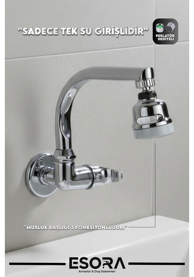 Duvardan Balık Sırtı Borulu 3 Fonsiyonlu Başlıklı Tek Su Girişli Banyo Lavabo Bataryası Krom