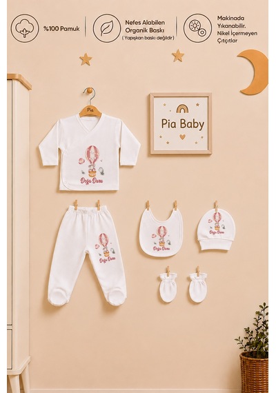 Pia Baby Kişiye Özel %100 Pamuk 5 Parça Kız Bebek Zıbın Seti 2062z3x Krem