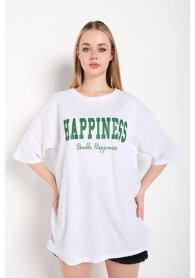 Startmore Kadın Beyaz Happıness Baskılı Oversize Tshirt Beyaz