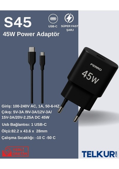Ferro S45 Siyah 45w Usb-c Çıkışlı Süper Hızlı Şarj Adaptör Başlık - Typec & Typec 1m Kablo Seti
