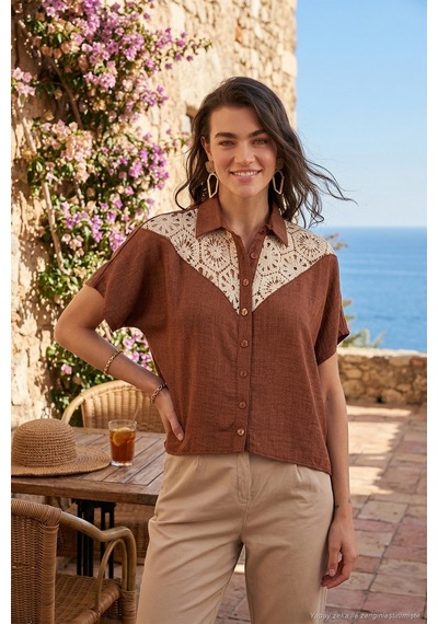 Lela Dantelli Relaxed Fit Kısa Kollu Bayan Gömlek 5865764 Kahve
