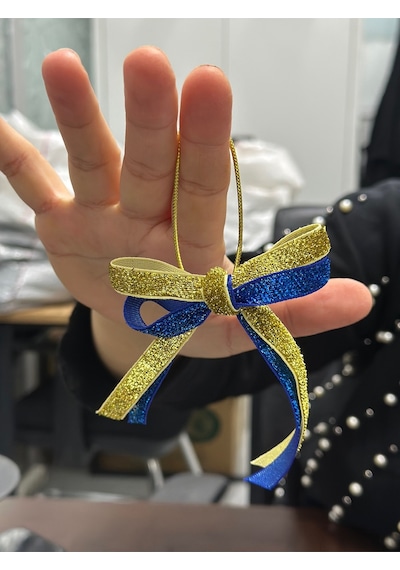 Paşateks 1 Cm Çift Renk Altın/saks Mavisi Simli Noel Fiyonk Askılı Ağaç Süsü