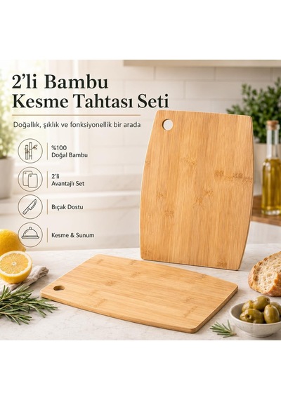 Bambu Kesme Tahtası 2'li Set - Doğal Ahşap Kesme Ve Sunum Tahtası - Büyük Küçük Boy - Bıçak Dostu Yüzey - As Diğer