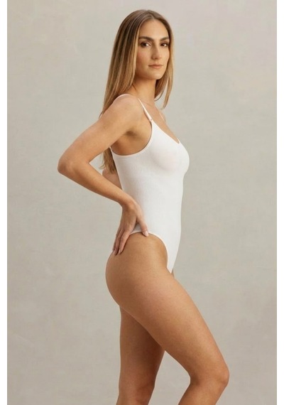 Kadın Dikişsiz Örgü Askılı Beyaz Full Body