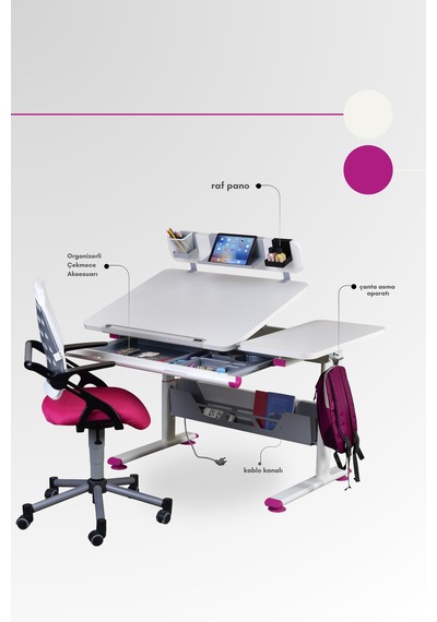 Creo Mobili Yükseklik Ve Eğim Ayarlı, Vega Advanced Bilgisayar Ve Çalışma Masası Takımı Ekru/fuşya Gri