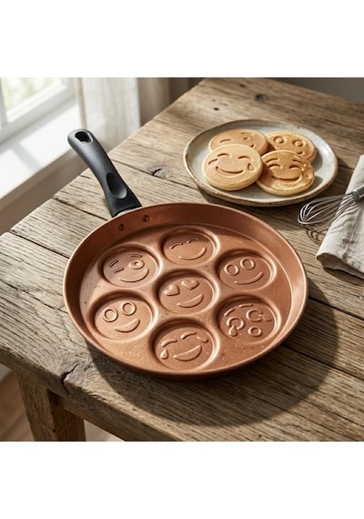 Papilla Redio Emoji Pankek Ve Yumurta Tavası - 7 Bölmeli Gülen Yüz Tasarımlı, Yanmaz Yapışmaz Krep Tavası 28 Cm Bronz Çok Renkli