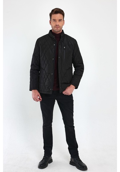Sivaist Erkek Siyah Standart Fit Normal Kesim Içi Kürklü Dik Yaka Çıtçıtlı Dolgulu Desenli Overcoat-Siyah