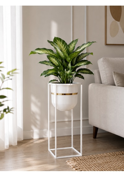 Bitkidunyam Mat Metal Kare Ayaklı Saksı, Altın Detaylı Kenar, Silindirik, Modern Tasarım, 50x21 Cm No:5 Beyaz