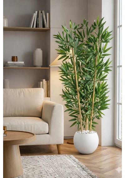 125cm Yapay Bambu Ağaci Beyaz Küre Saksıda