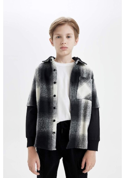 DeFacto Erkek Çocuk Oversize Geniş Kalıp Kapüşonlu Flanel Uzun Kollu Gömlek C7510A824WNAR213