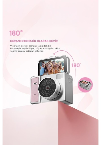 Torima CMR46 2K Flip Ekranlı Mini Dijital Video Kamera Pembe