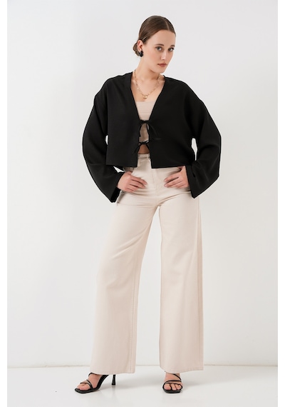 Bigdart Önü Bağlamalı Keten Kimono 960 - Siyah